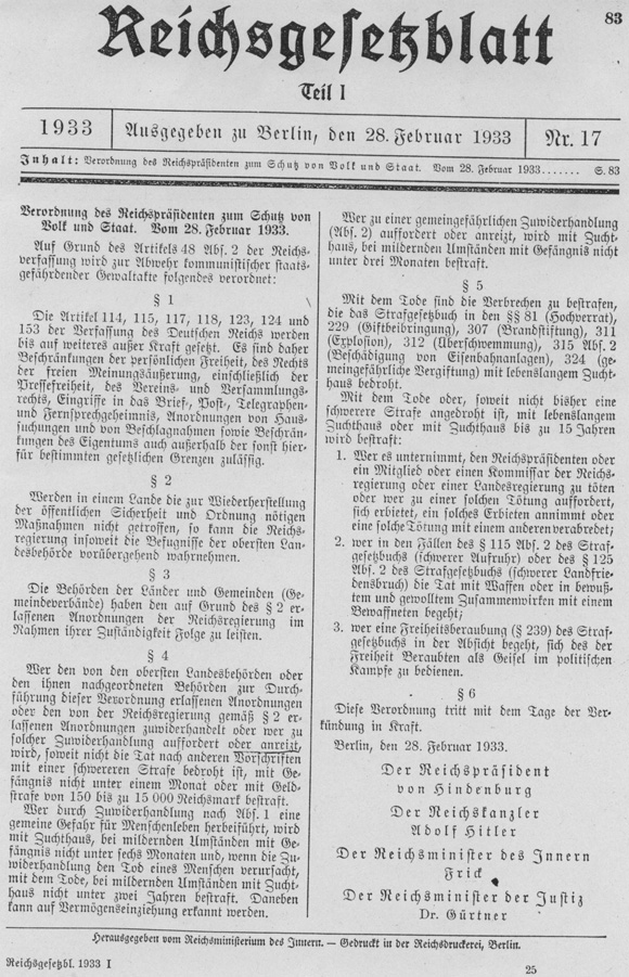 Decree of the Reich President for the Protection of the People and State of 28. February 1933 